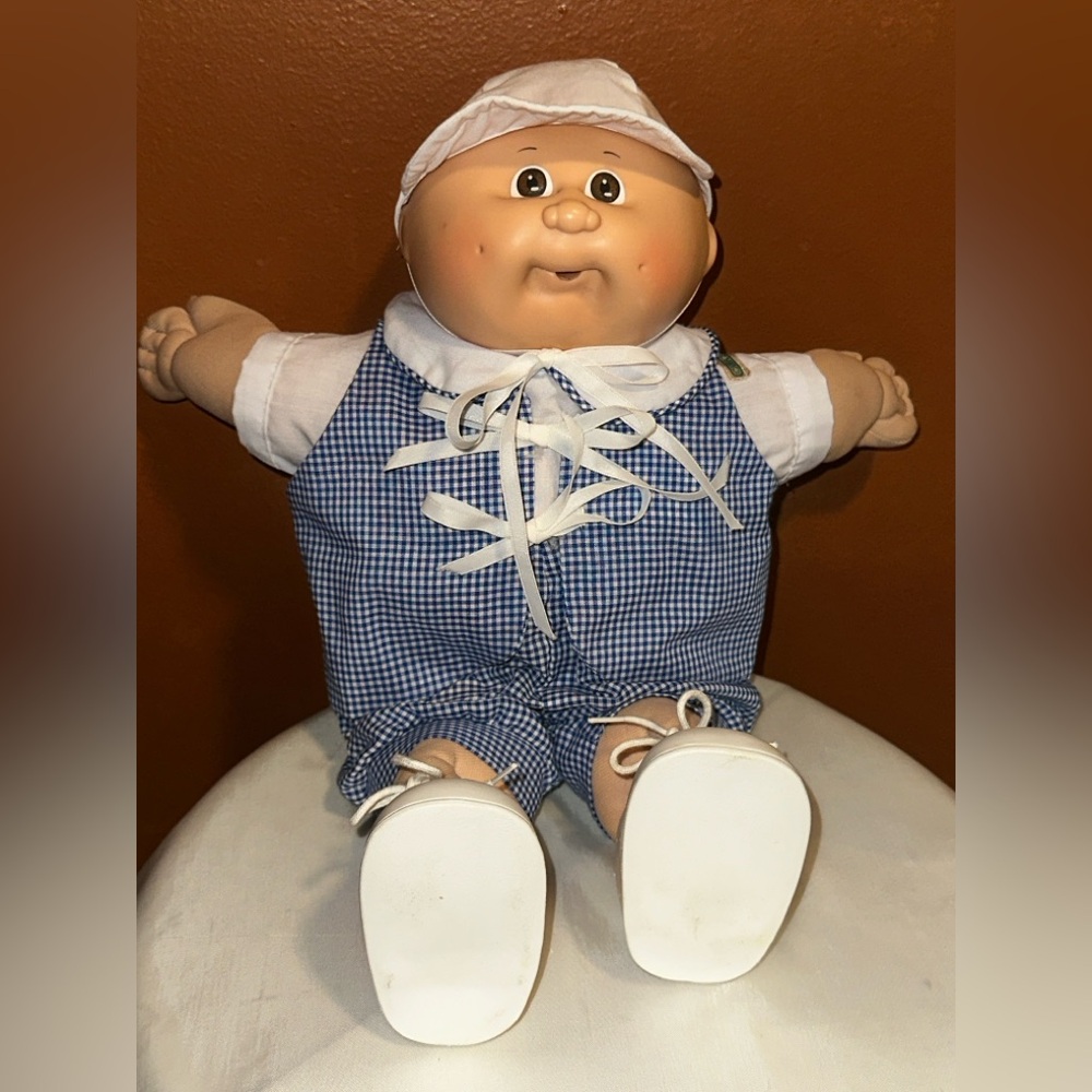 Vintage 1982 Cabbage Patch Kids Baby Doll Blue White Check Romper Hat Dimples